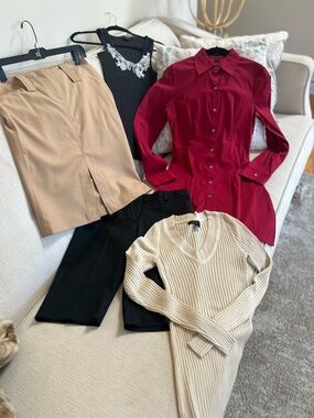 Express Beige Skirt, Cranberry Shirt Dress, Black Shorts, Sweater&Tank